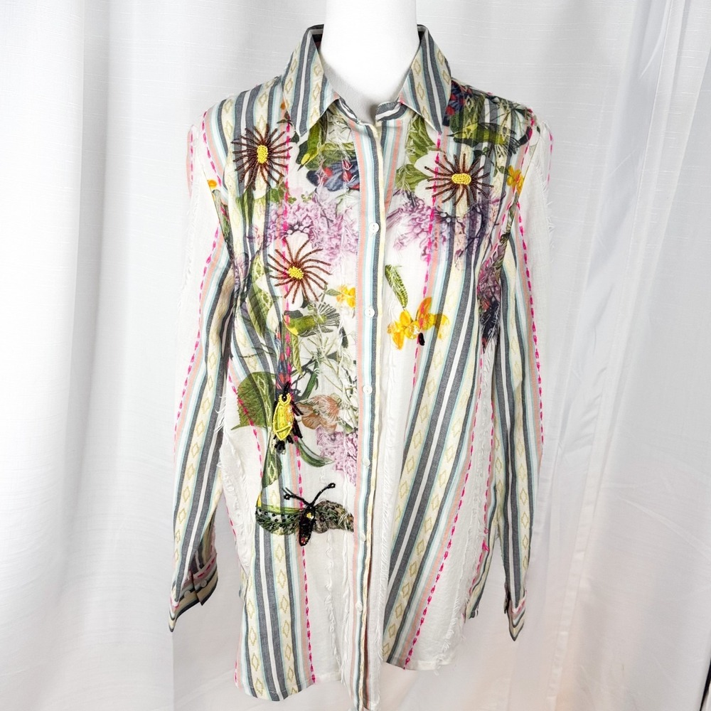 Chico's Shirt Womens 2 US 12 Embroidered Beaded Floral Stripe Boho Fringe Top - Picture 1 of 14
